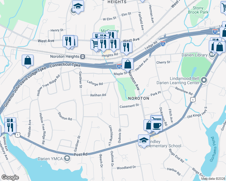 map of restaurants, bars, coffee shops, grocery stores, and more near 71 Dubois Street in Darien