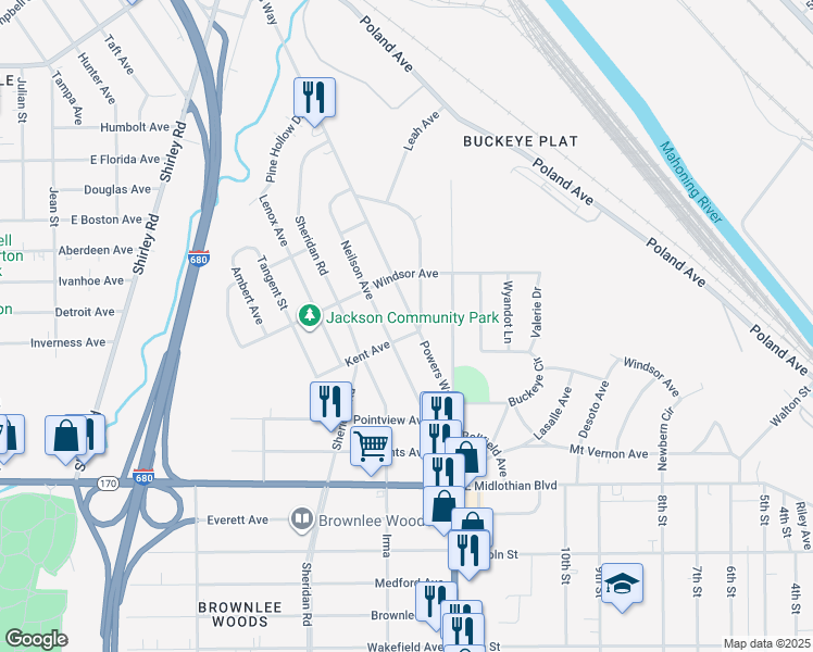 map of restaurants, bars, coffee shops, grocery stores, and more near 3548 Powers Way in Youngstown