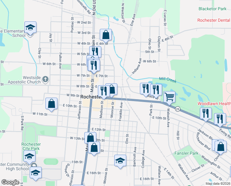 map of restaurants, bars, coffee shops, grocery stores, and more near 813 Monroe Street in Rochester