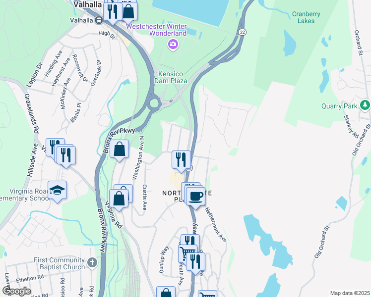 map of restaurants, bars, coffee shops, grocery stores, and more near 973 North Broadway in White Plains