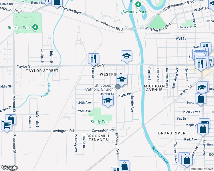 map of restaurants, bars, coffee shops, grocery stores, and more near 2037 Eby Avenue in Fort Wayne