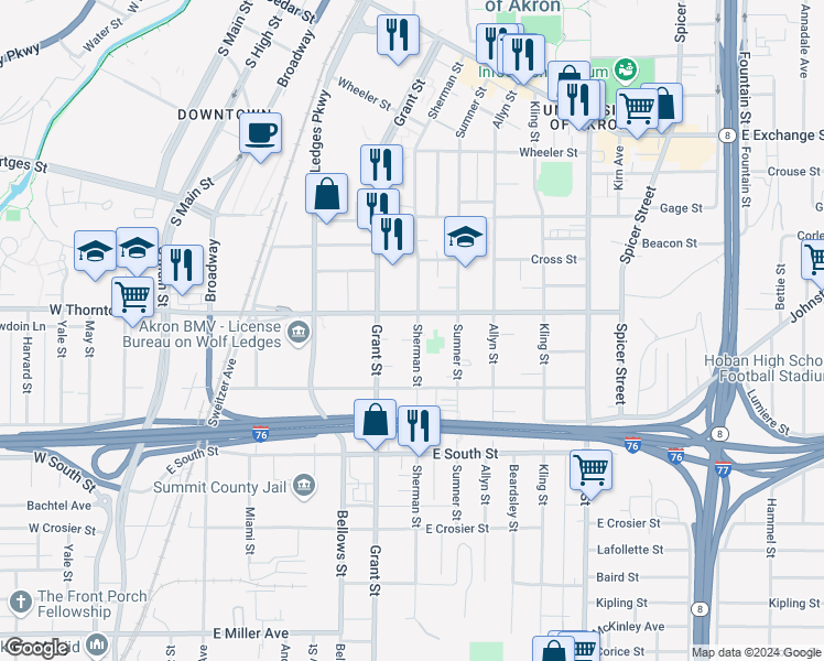 map of restaurants, bars, coffee shops, grocery stores, and more near 646 Sherman Street in Akron