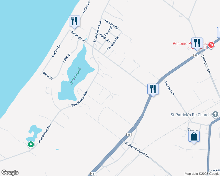 map of restaurants, bars, coffee shops, grocery stores, and more near 435 Road H in Southold