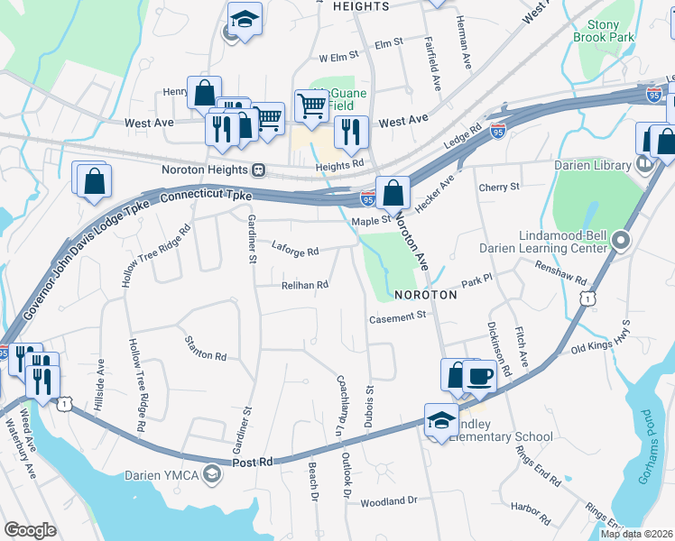 map of restaurants, bars, coffee shops, grocery stores, and more near 71 Dubois Street in Darien