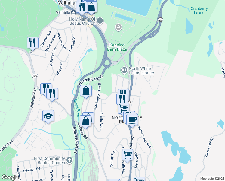 map of restaurants, bars, coffee shops, grocery stores, and more near 3 Intervale Avenue in White Plains