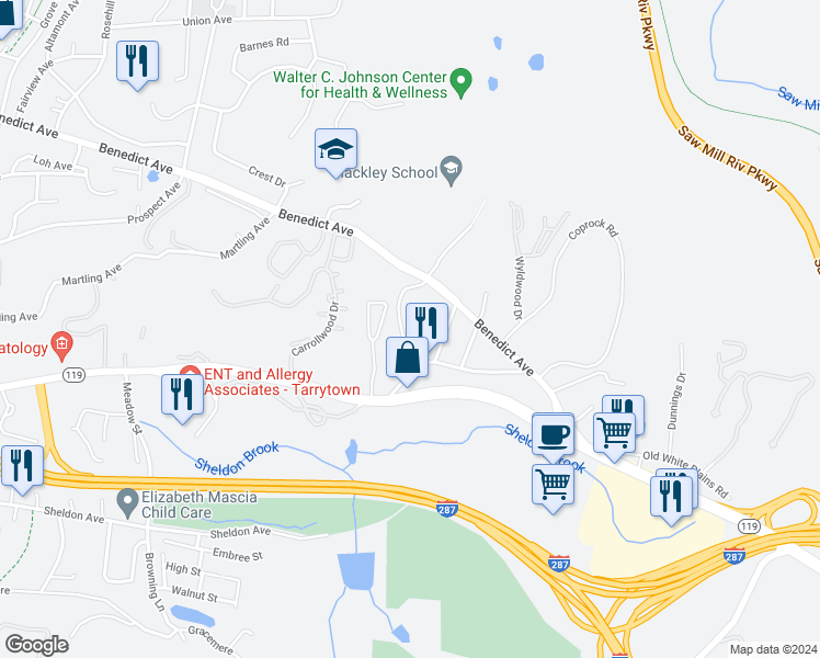 map of restaurants, bars, coffee shops, grocery stores, and more near 412 Benedict Avenue in Tarrytown