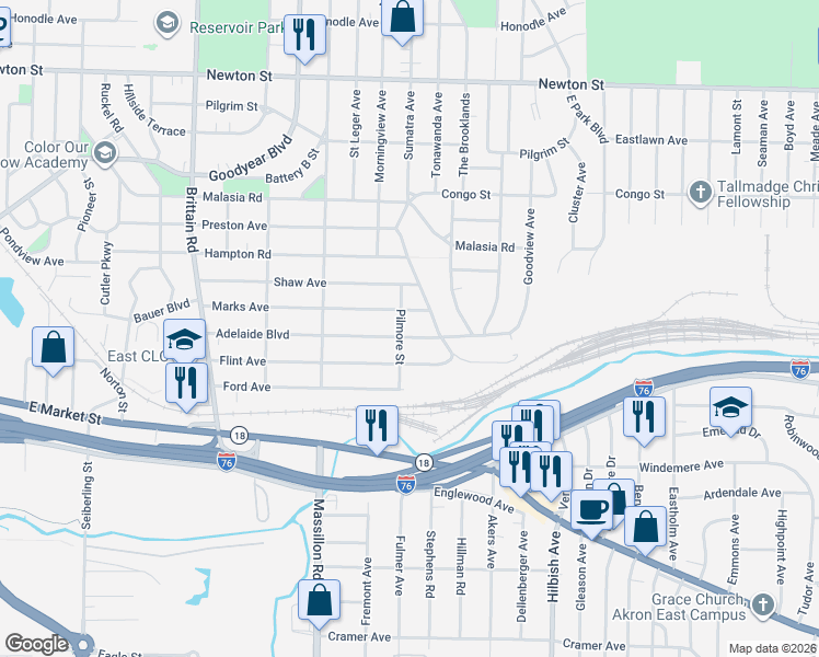 map of restaurants, bars, coffee shops, grocery stores, and more near 1925 Adelaide Boulevard in Akron