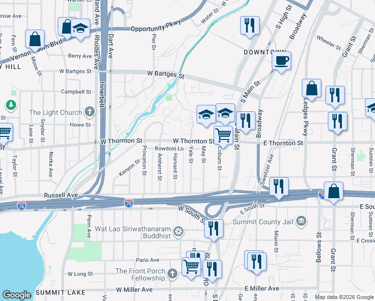 map of restaurants, bars, coffee shops, grocery stores, and more near 775 Harvard Street in Akron