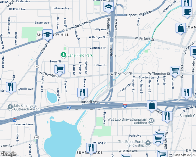 map of restaurants, bars, coffee shops, grocery stores, and more near 1048 Nathan Street in Akron