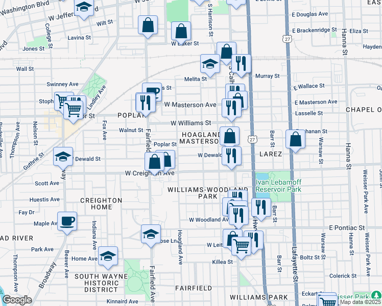 map of restaurants, bars, coffee shops, grocery stores, and more near 316 West Dewald Street in Fort Wayne