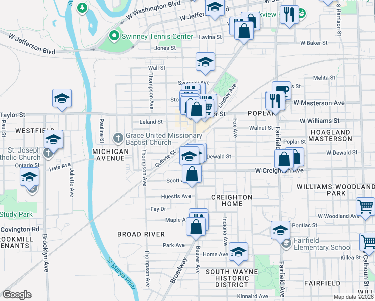 map of restaurants, bars, coffee shops, grocery stores, and more near 1136 Guthrie Street in Fort Wayne