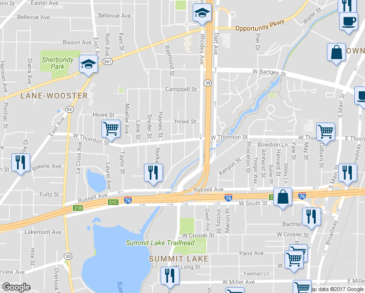 map of restaurants, bars, coffee shops, grocery stores, and more near 1048 Nathan Street in Akron