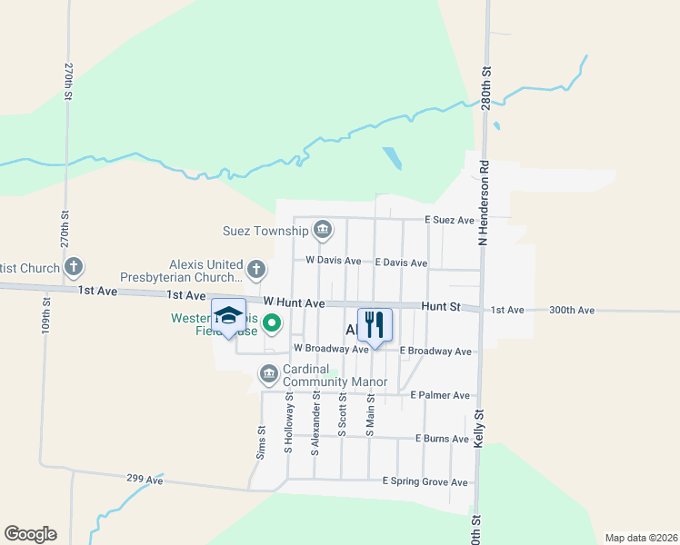 map of restaurants, bars, coffee shops, grocery stores, and more near 209 North Scott Street in Alexis