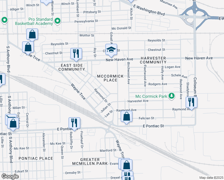 map of restaurants, bars, coffee shops, grocery stores, and more near 3005 McCormick Avenue in Fort Wayne