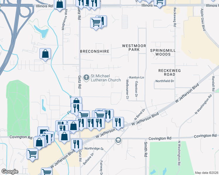 map of restaurants, bars, coffee shops, grocery stores, and more near 5815 Meadows Drive in Fort Wayne