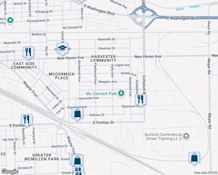 map of restaurants, bars, coffee shops, grocery stores, and more near 3519 McCormick Avenue in Fort Wayne
