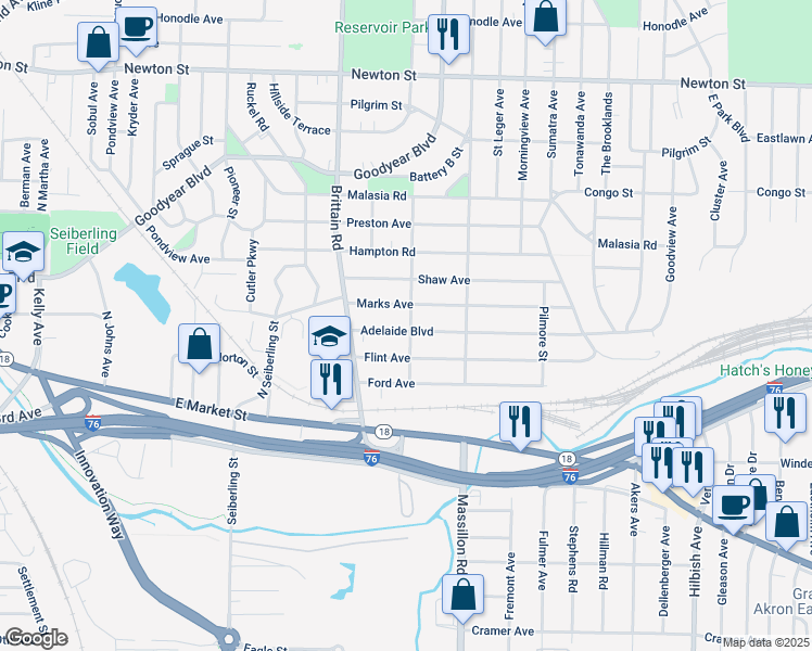 map of restaurants, bars, coffee shops, grocery stores, and more near 1761 Adelaide Boulevard in Akron