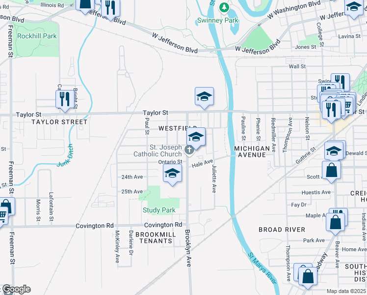 map of restaurants, bars, coffee shops, grocery stores, and more near 2202 Brooklyn Avenue in Fort Wayne