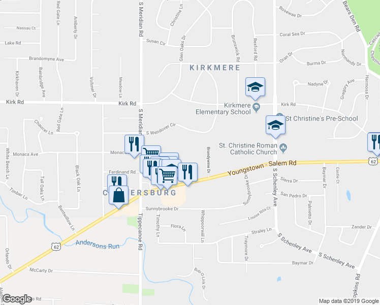 map of restaurants, bars, coffee shops, grocery stores, and more near 3390 Flo Lor Drive in Youngstown