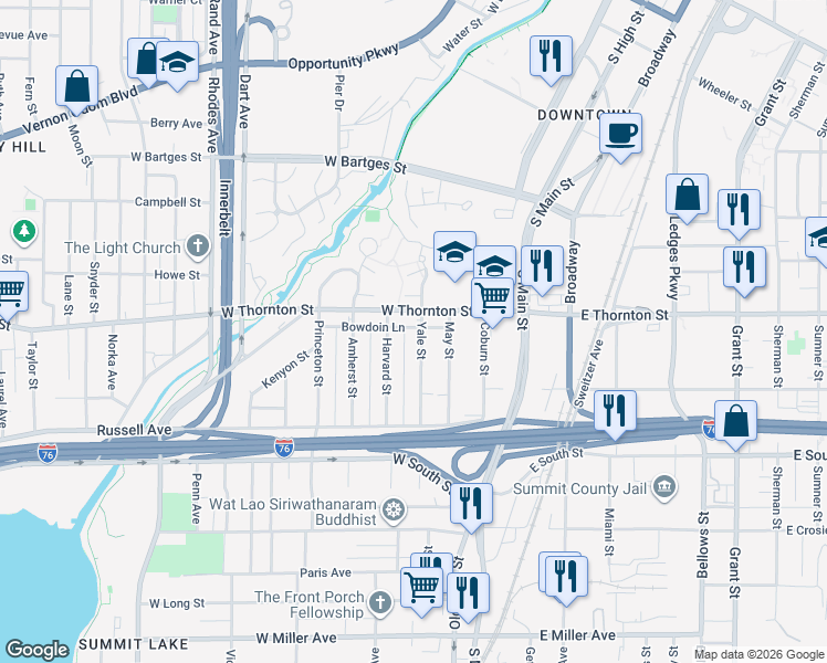 map of restaurants, bars, coffee shops, grocery stores, and more near 775 Harvard Street in Akron