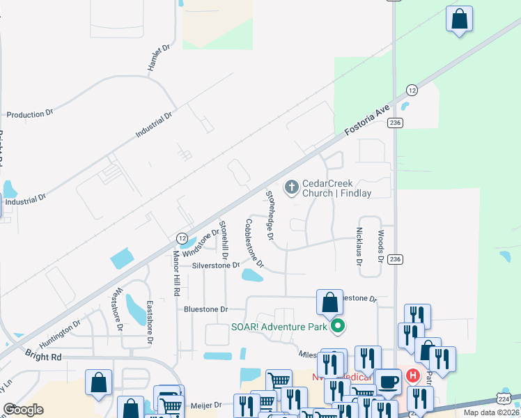 map of restaurants, bars, coffee shops, grocery stores, and more near 2112 Cobblestone Drive in Findlay
