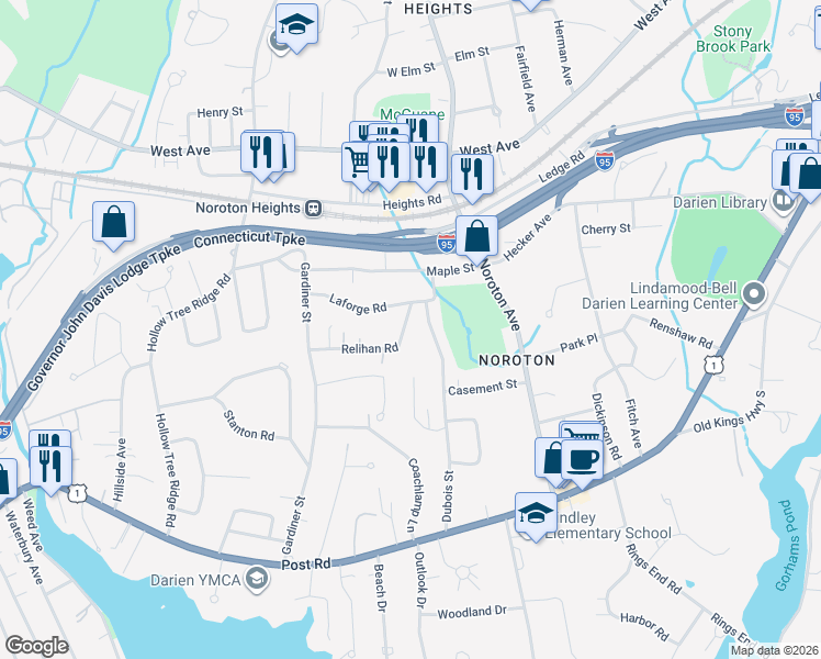 map of restaurants, bars, coffee shops, grocery stores, and more near 71 Dubois Street in Darien