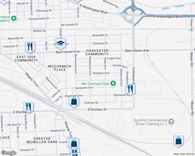 map of restaurants, bars, coffee shops, grocery stores, and more near 3429 McCormick Avenue in Fort Wayne