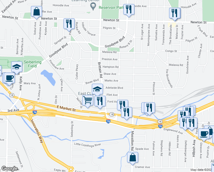 map of restaurants, bars, coffee shops, grocery stores, and more near 1717 Adelaide Boulevard in Akron