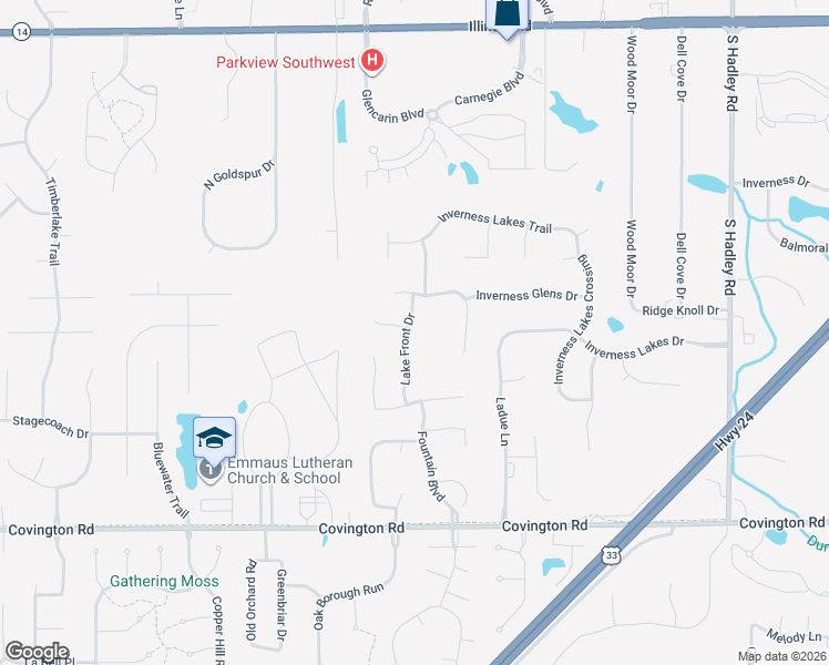 map of restaurants, bars, coffee shops, grocery stores, and more near 2004 Lake Front Drive in Fort Wayne
