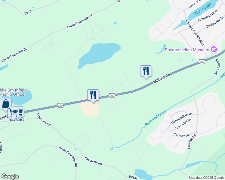 map of restaurants, bars, coffee shops, grocery stores, and more near 5233 Milford Road in East Stroudsburg