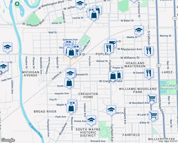map of restaurants, bars, coffee shops, grocery stores, and more near 2150 Fox Avenue in Fort Wayne