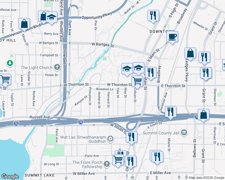 map of restaurants, bars, coffee shops, grocery stores, and more near 775 Harvard Street in Akron