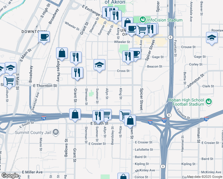 map of restaurants, bars, coffee shops, grocery stores, and more near 625 Allyn Street in Akron