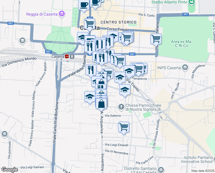 map of restaurants, bars, coffee shops, grocery stores, and more near 96 Viale Abramo Lincoln in Caserta