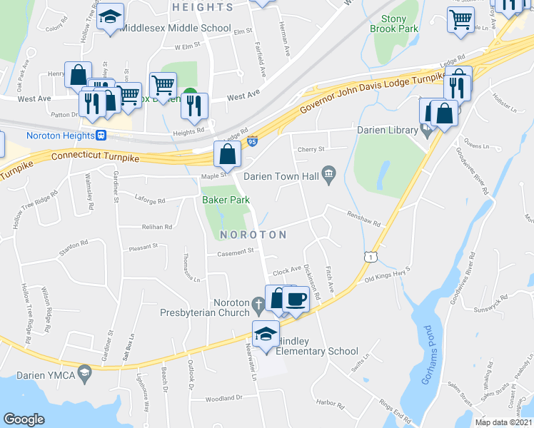 map of restaurants, bars, coffee shops, grocery stores, and more near 19 Archer Lane in Darien