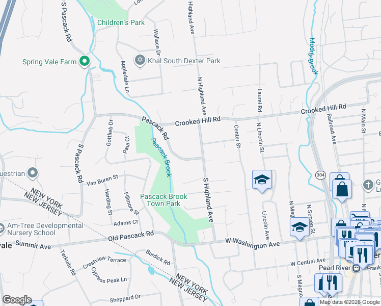 map of restaurants, bars, coffee shops, grocery stores, and more near 166 Pascack Road in Pearl River
