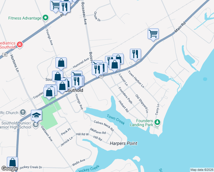 map of restaurants, bars, coffee shops, grocery stores, and more near 496 Hobart Road in Southold