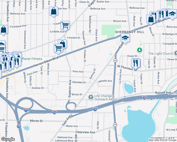 map of restaurants, bars, coffee shops, grocery stores, and more near 799 Fess Avenue in Akron