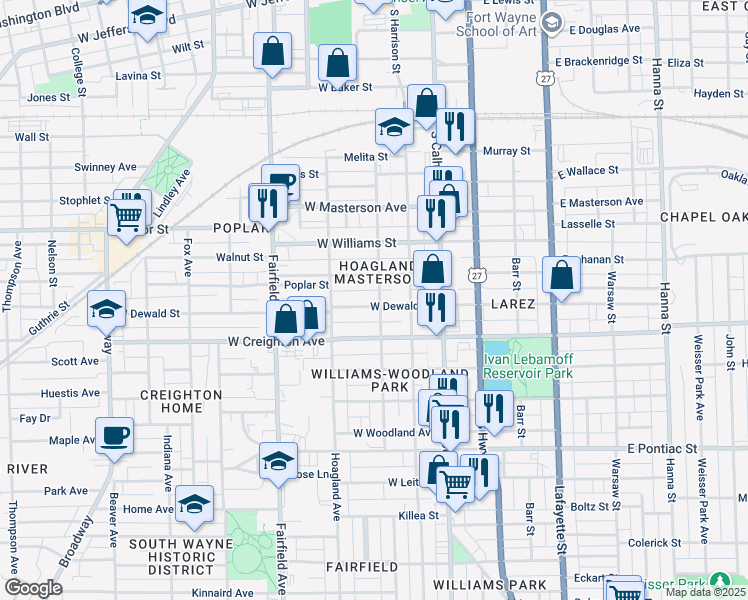 map of restaurants, bars, coffee shops, grocery stores, and more near 2126 Webster Street in Fort Wayne