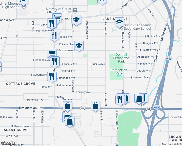 map of restaurants, bars, coffee shops, grocery stores, and more near 807 Detroit Avenue in Youngstown