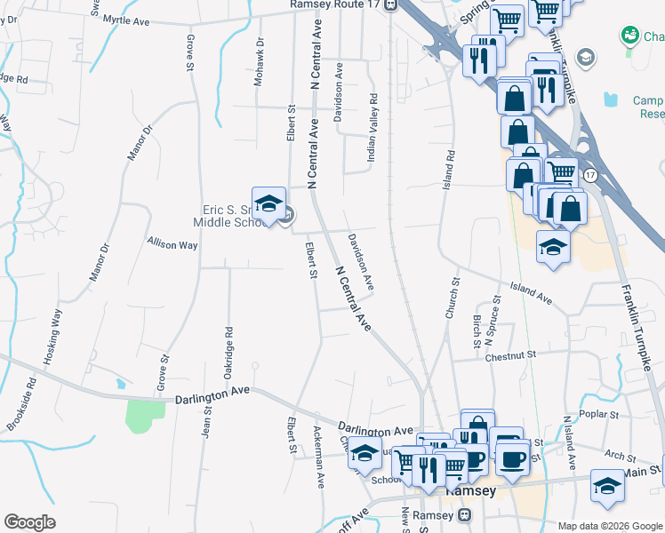 map of restaurants, bars, coffee shops, grocery stores, and more near 267 North Central Avenue in Ramsey