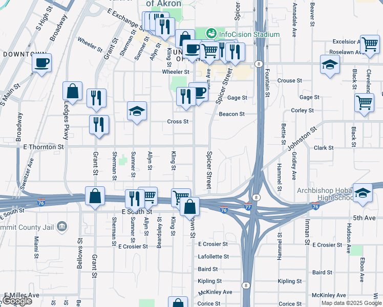 map of restaurants, bars, coffee shops, grocery stores, and more near 600 Brown Street in Akron
