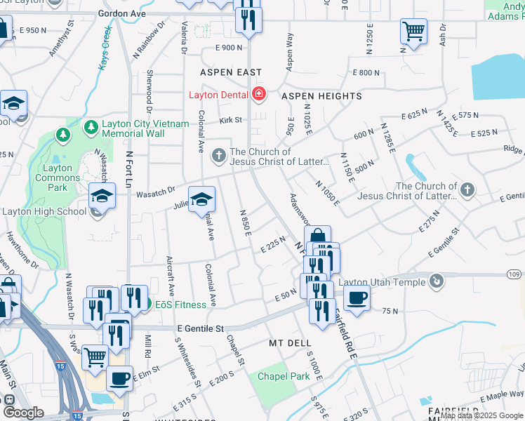 map of restaurants, bars, coffee shops, grocery stores, and more near 880 East 350 North in Layton