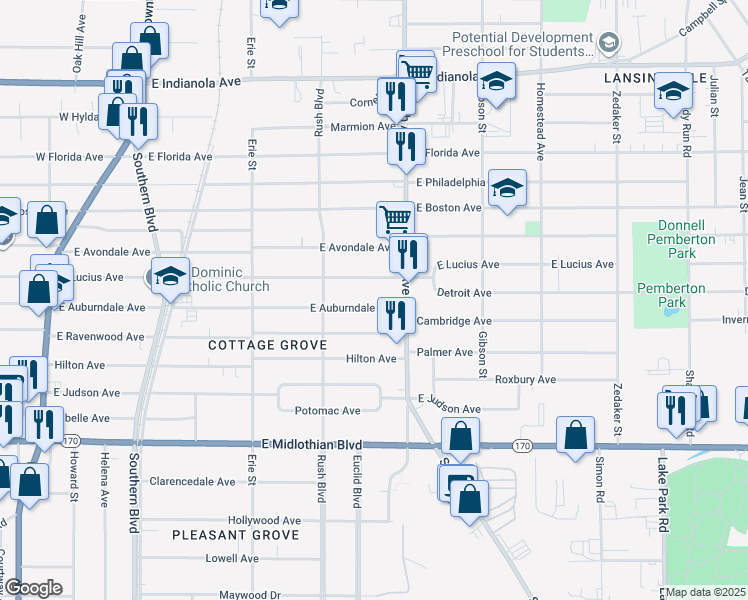 map of restaurants, bars, coffee shops, grocery stores, and more near 358 East Auburndale Avenue in Youngstown