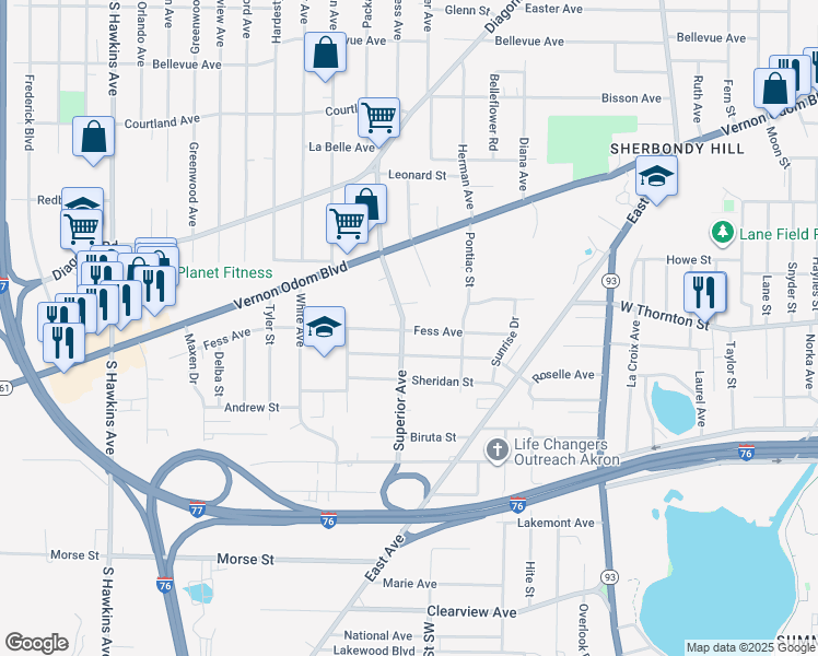 map of restaurants, bars, coffee shops, grocery stores, and more near 889 Fess Ave in Akron