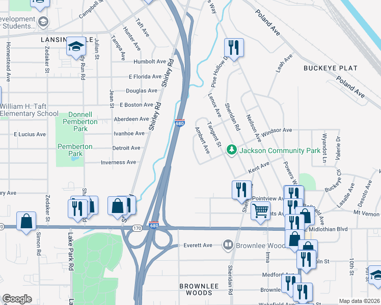 map of restaurants, bars, coffee shops, grocery stores, and more near 3426 Wayside Drive in Youngstown