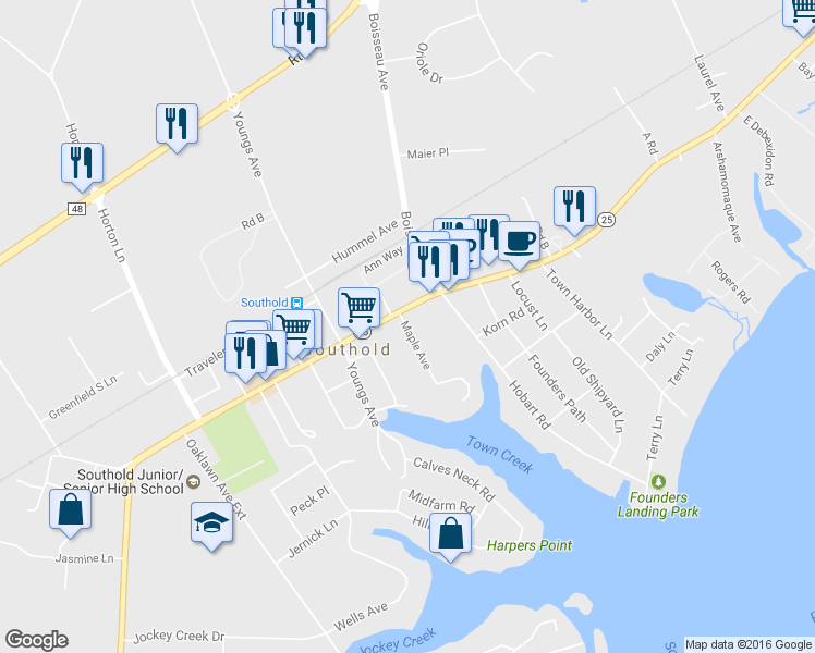 map of restaurants, bars, coffee shops, grocery stores, and more near 849 Maple Avenue in Southold