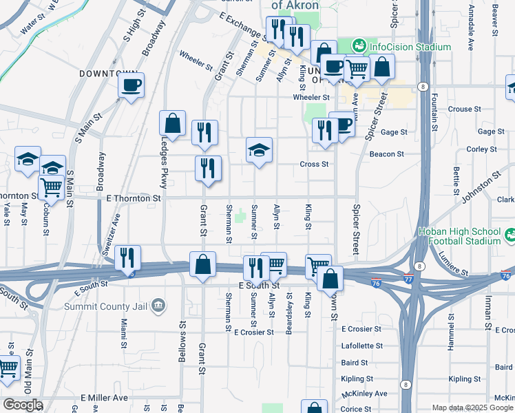 map of restaurants, bars, coffee shops, grocery stores, and more near 653 Sumner Street in Akron