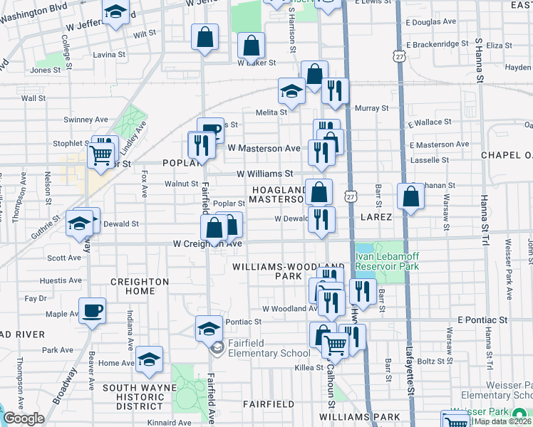 map of restaurants, bars, coffee shops, grocery stores, and more near 320 West Dewald Street in Fort Wayne