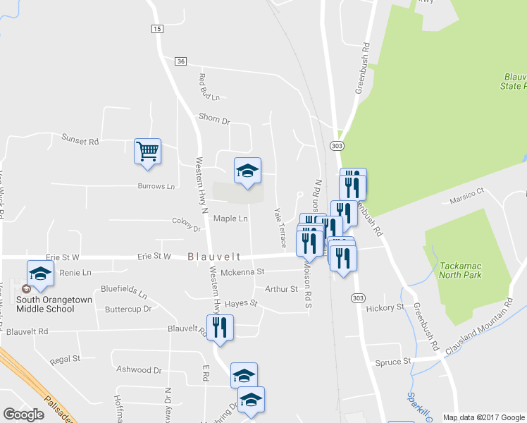 map of restaurants, bars, coffee shops, grocery stores, and more near 110 Cottage Lane in Blauvelt